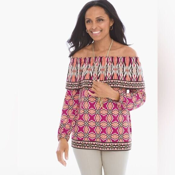 Chico’s Graphic Pattern‎ Off the Shoulder Long Sleeves Top Size Medium - Picture 1 of 14